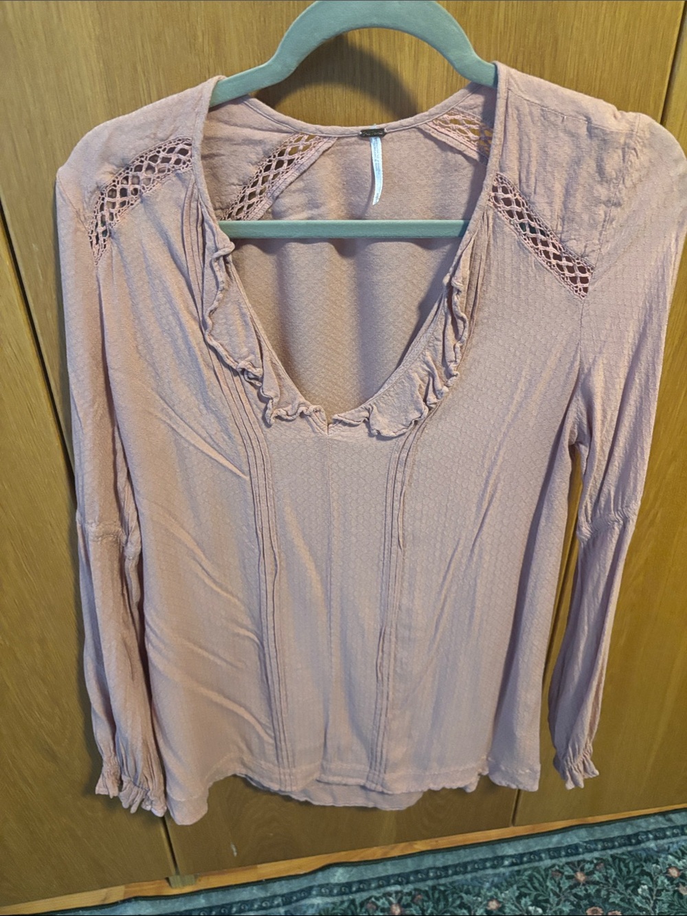 Free People Dusty Rose Crochet-Inset Ruffle V-Neck Long Sleeve Top